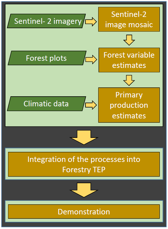 Assesscarbon project flow where Sentinel-2 images, forest plots and climate data is used to integrate the process in Forestry TEP.